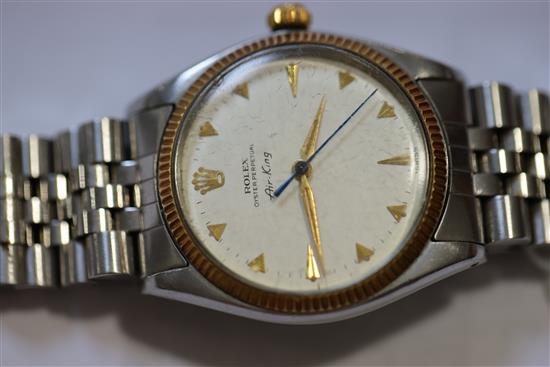 A gentlemans 1950s? stainless steel and gold Rolex Oyster Perpetual Air King wrist watch,